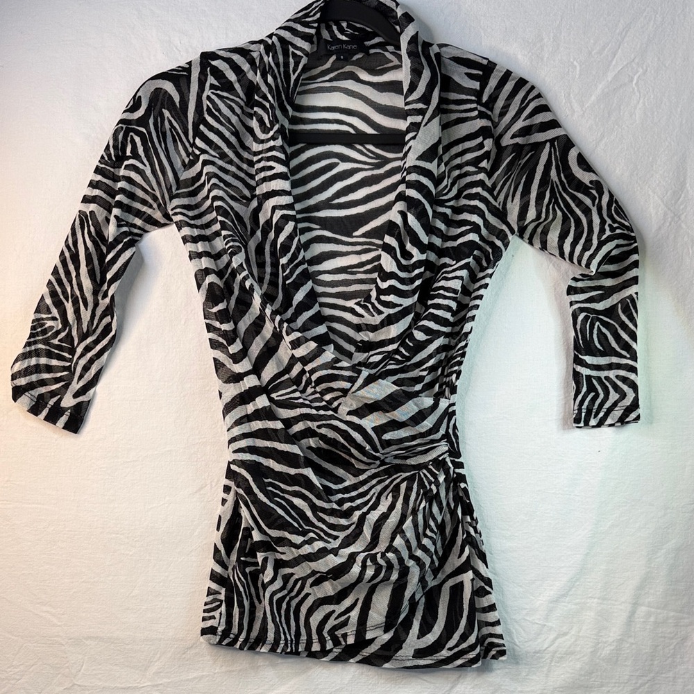 Kensie Black & White Zebra-Print Draped Wrap Tunic